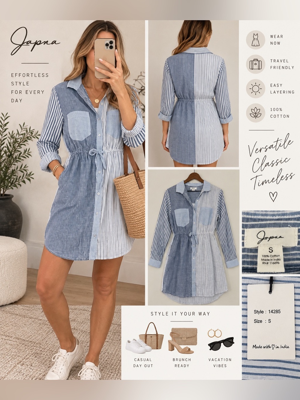 Japna Blue and White Striped Shirt Dress